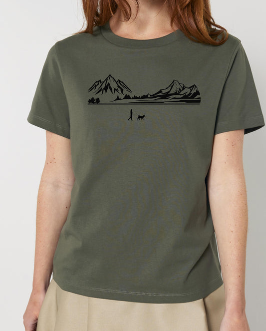 Walking With Husky Dog Womens T-Shirt, Made From Organic Cotton